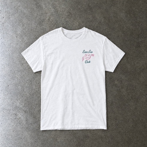 Elder Emo Club Smiley Tee toddler tee in white, laid flat