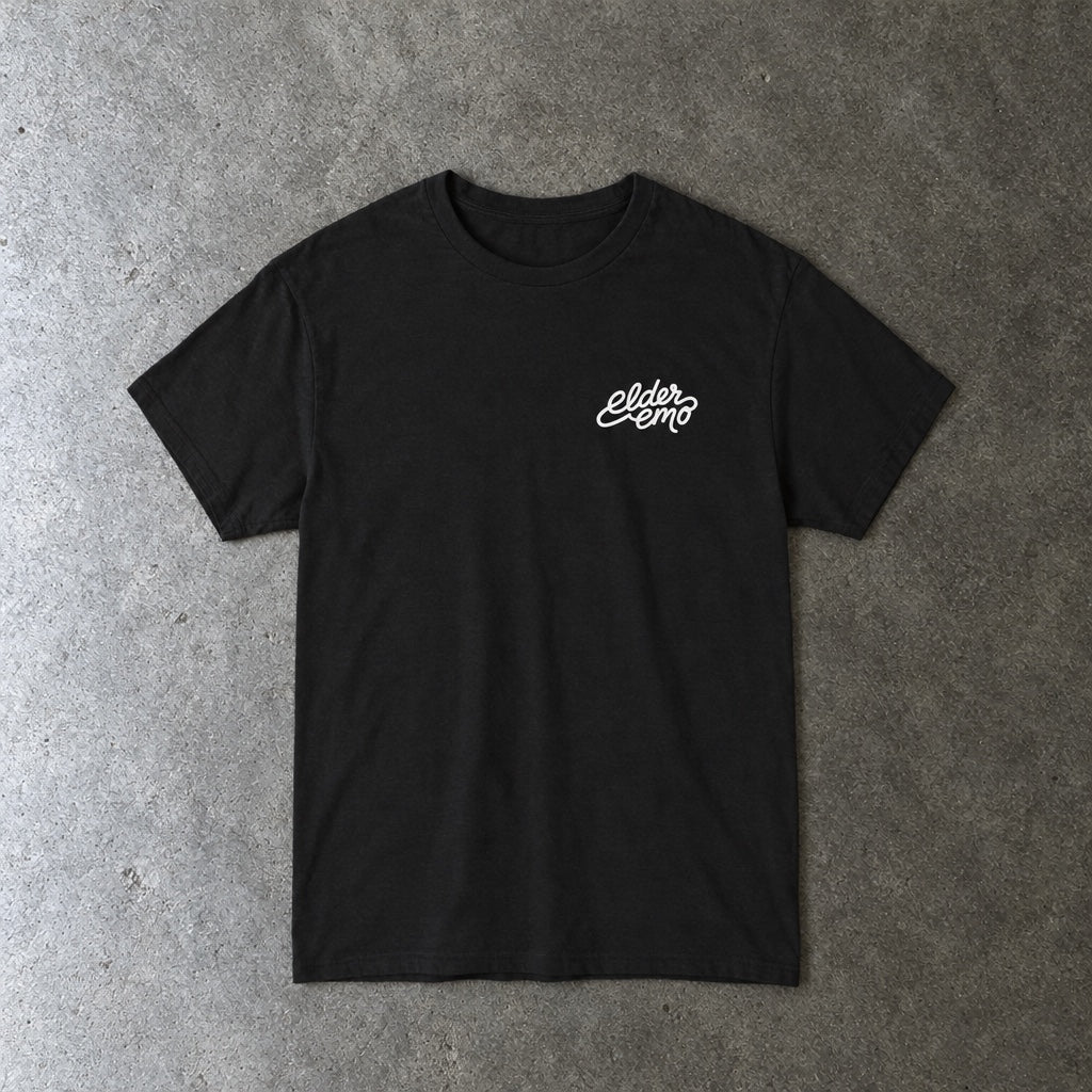 Elder Emo Cursive Tee toddler tee in black, laid flat