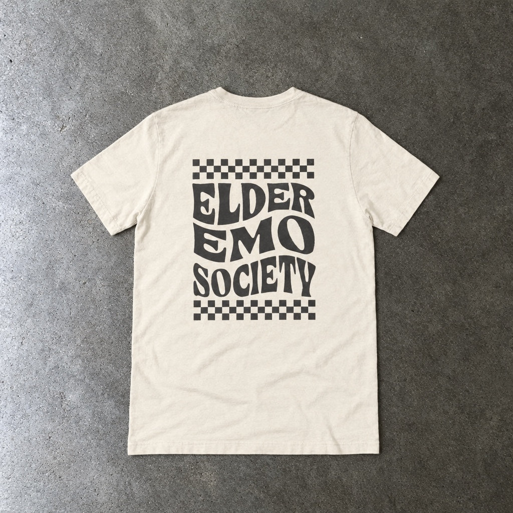 Elder Emo Society Tee toddler tee in natural, laid flat, back view