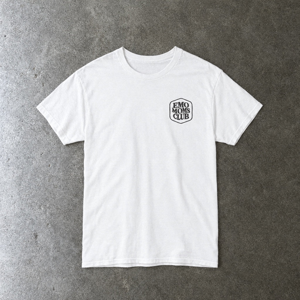 Emo Moms Club Tee toddler tee in white, laid flat