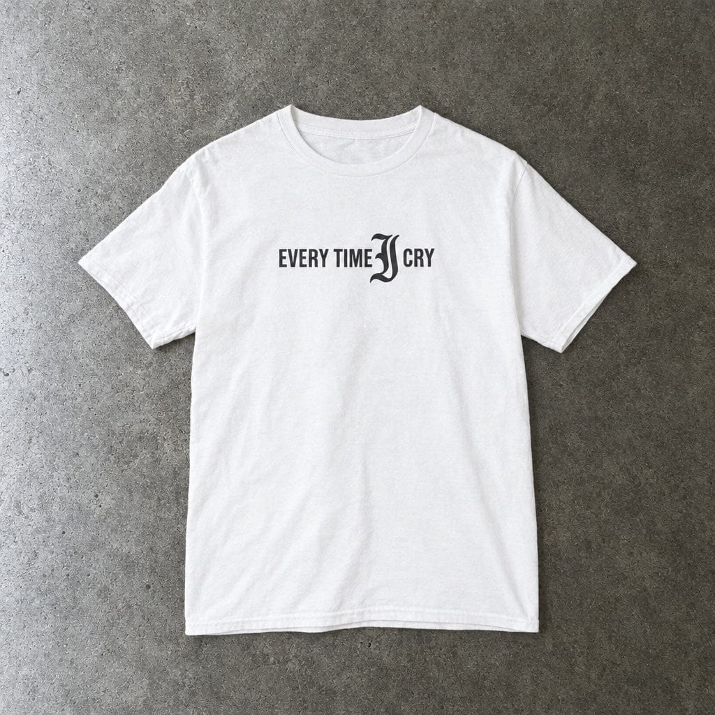 Every Time I Cry youth tee in white, laid flat