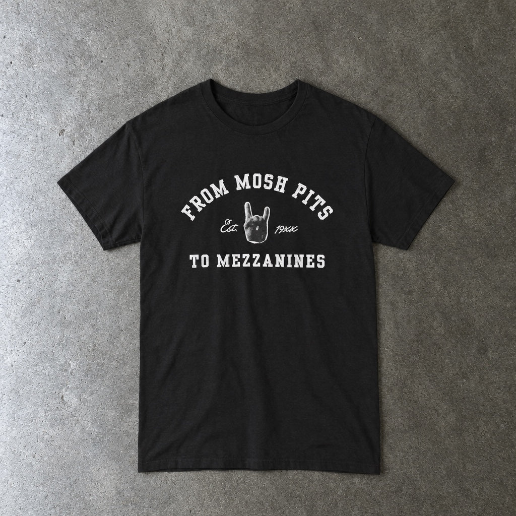 From Mosh Pits To Mezzanines Varsity Tee toddler tee in black, laid flat