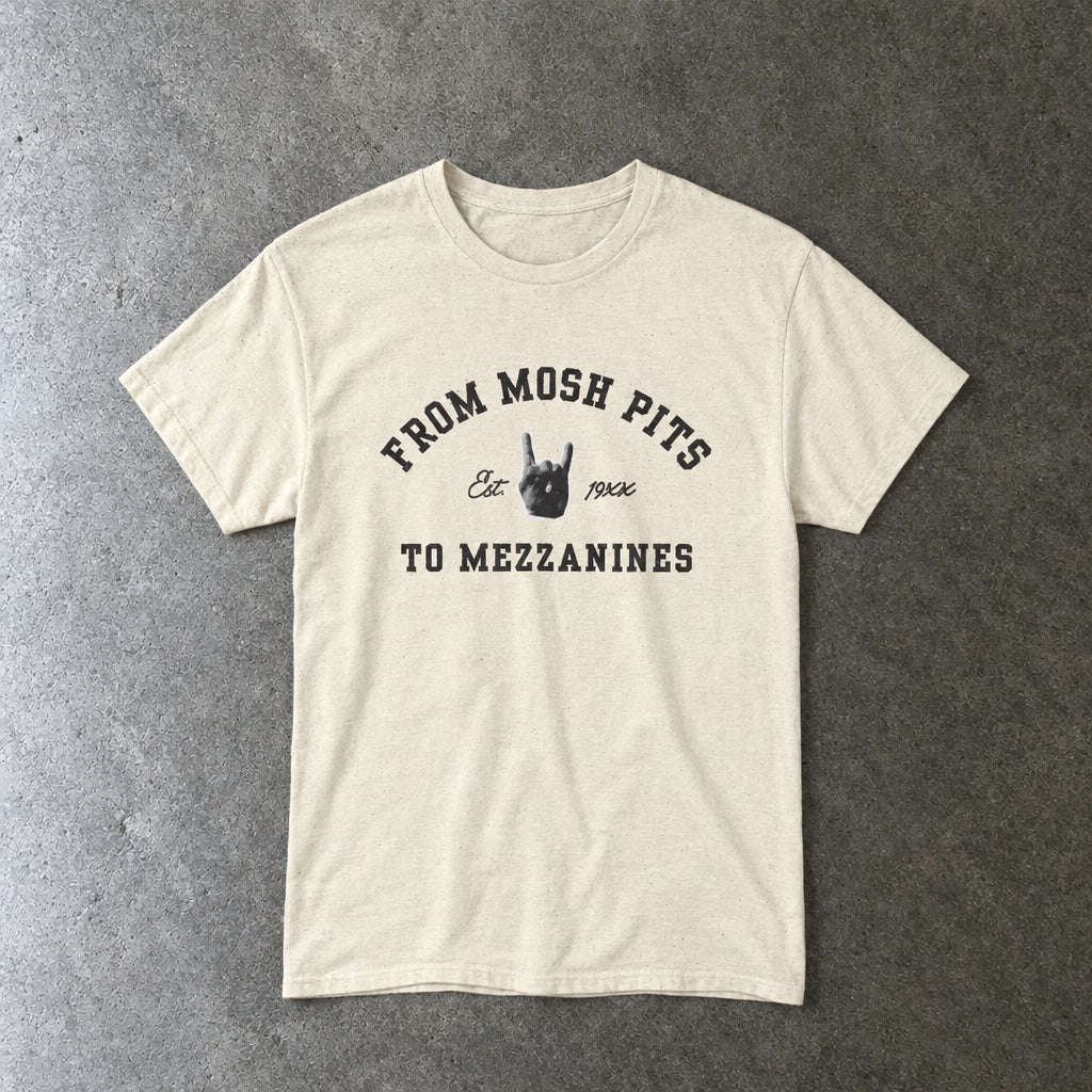 From Mosh Pits To Mezzanines Varsity Tee toddler tee in natural, laid flat