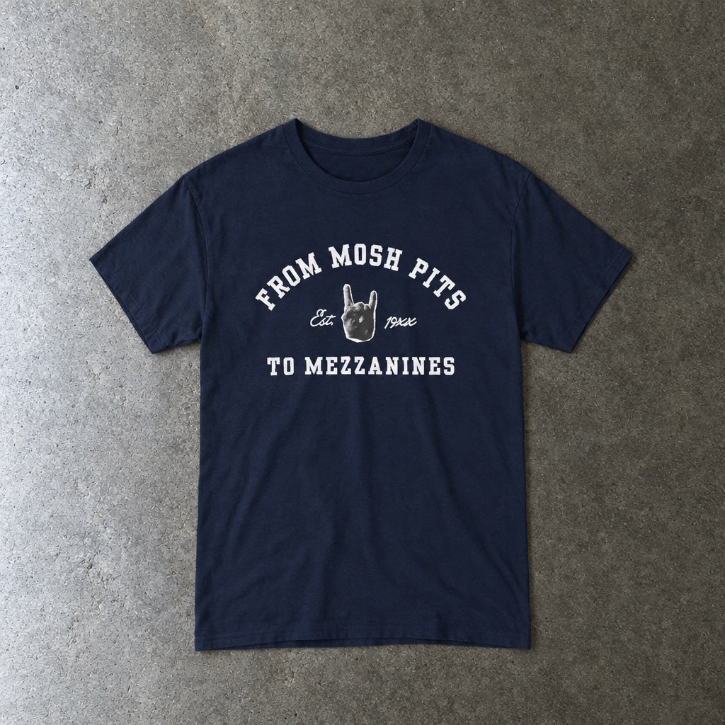 From Mosh Pits To Mezzanines Varsity Tee toddler tee in navy, laid flat