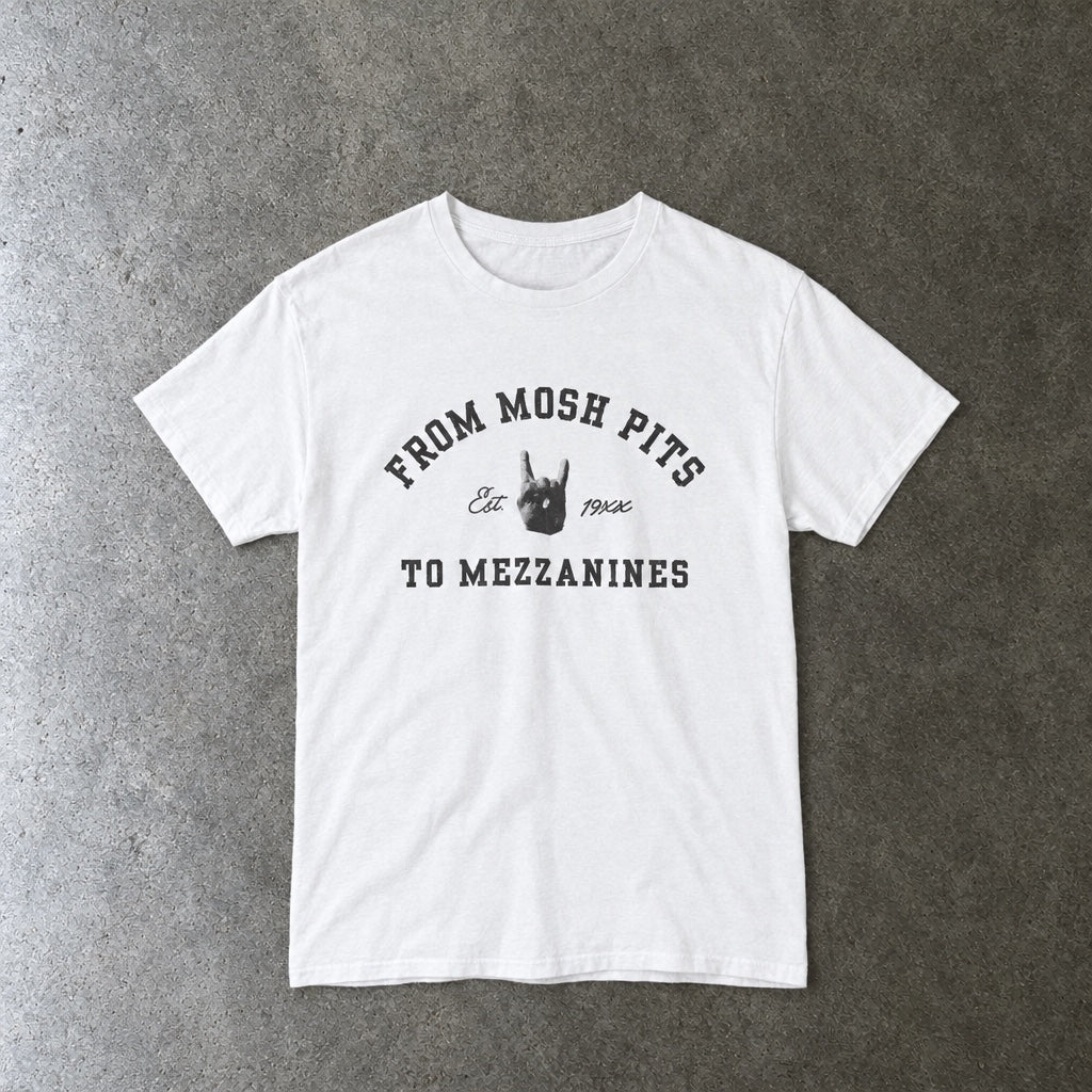 From Mosh Pits To Mezzanines Varsity Tee toddler tee in white, laid flat