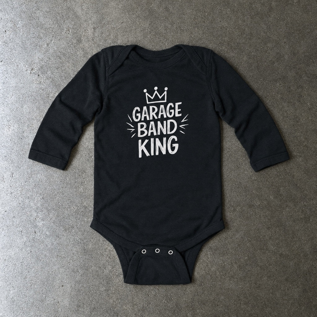Garage Band King long sleeve onesie in black, laid flat