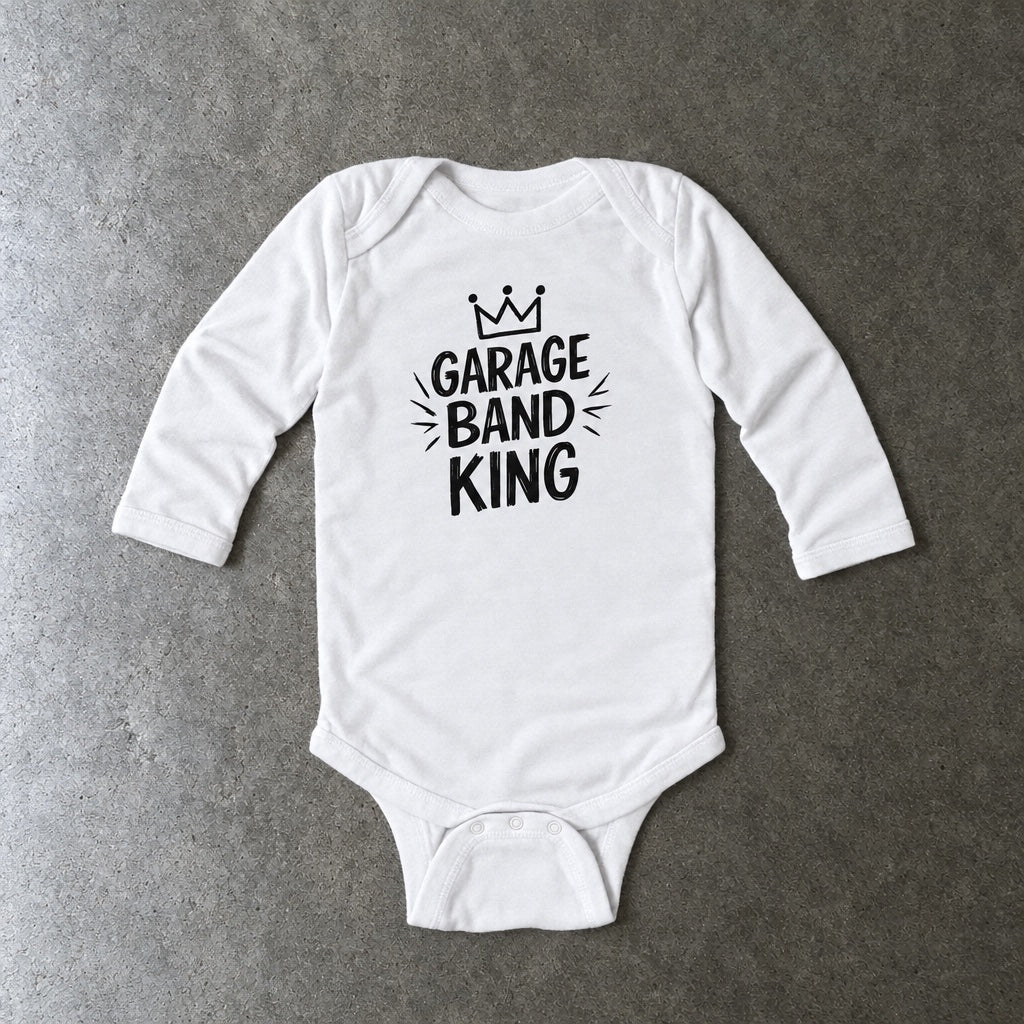 Garage Band King long sleeve onesie in white, laid flat