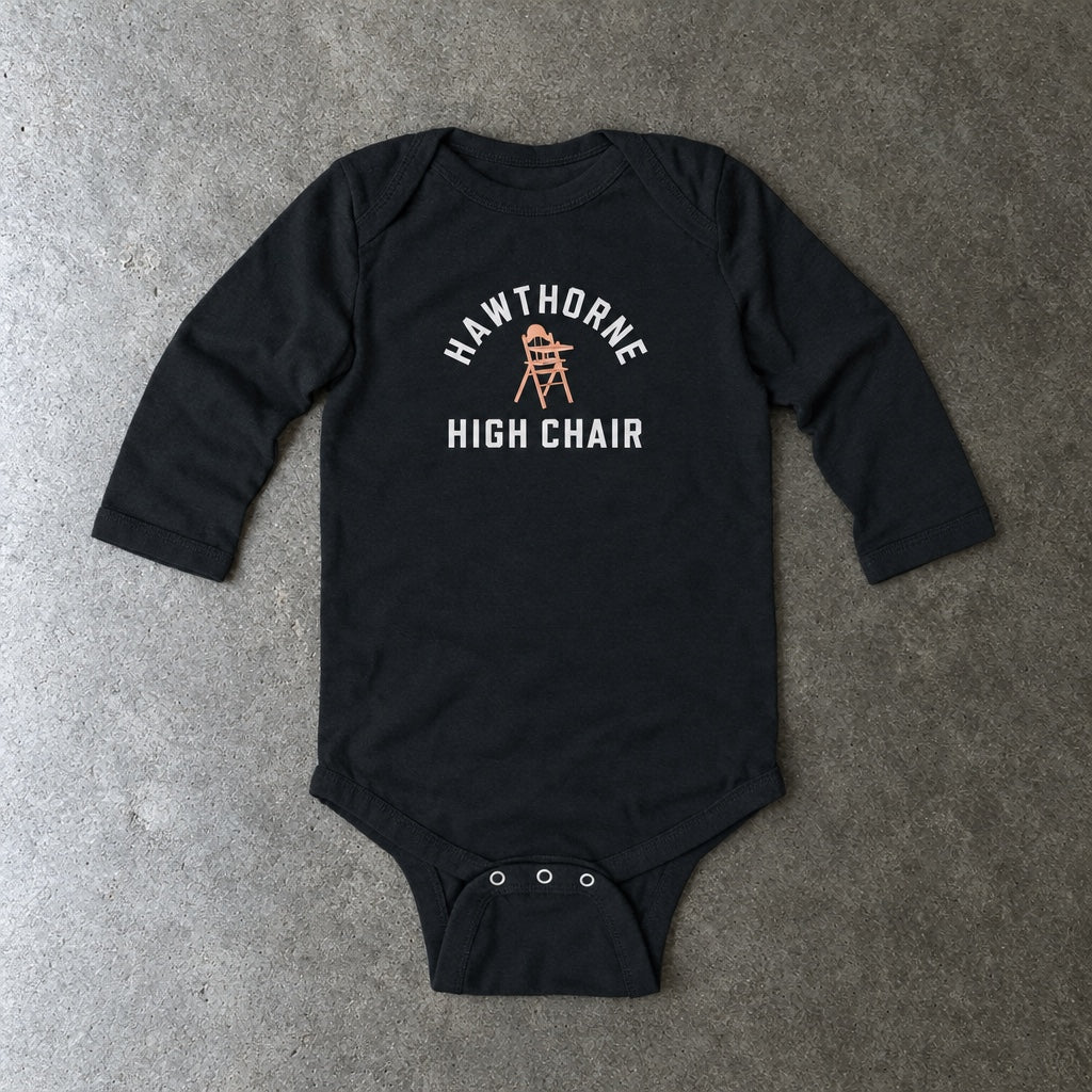 Hawthorne High Chair long sleeve onesie in black, laid flat