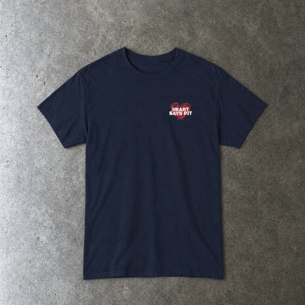 Hearts Says Pit, Back Says Balcony Tee toddler tee in navy, laid flat