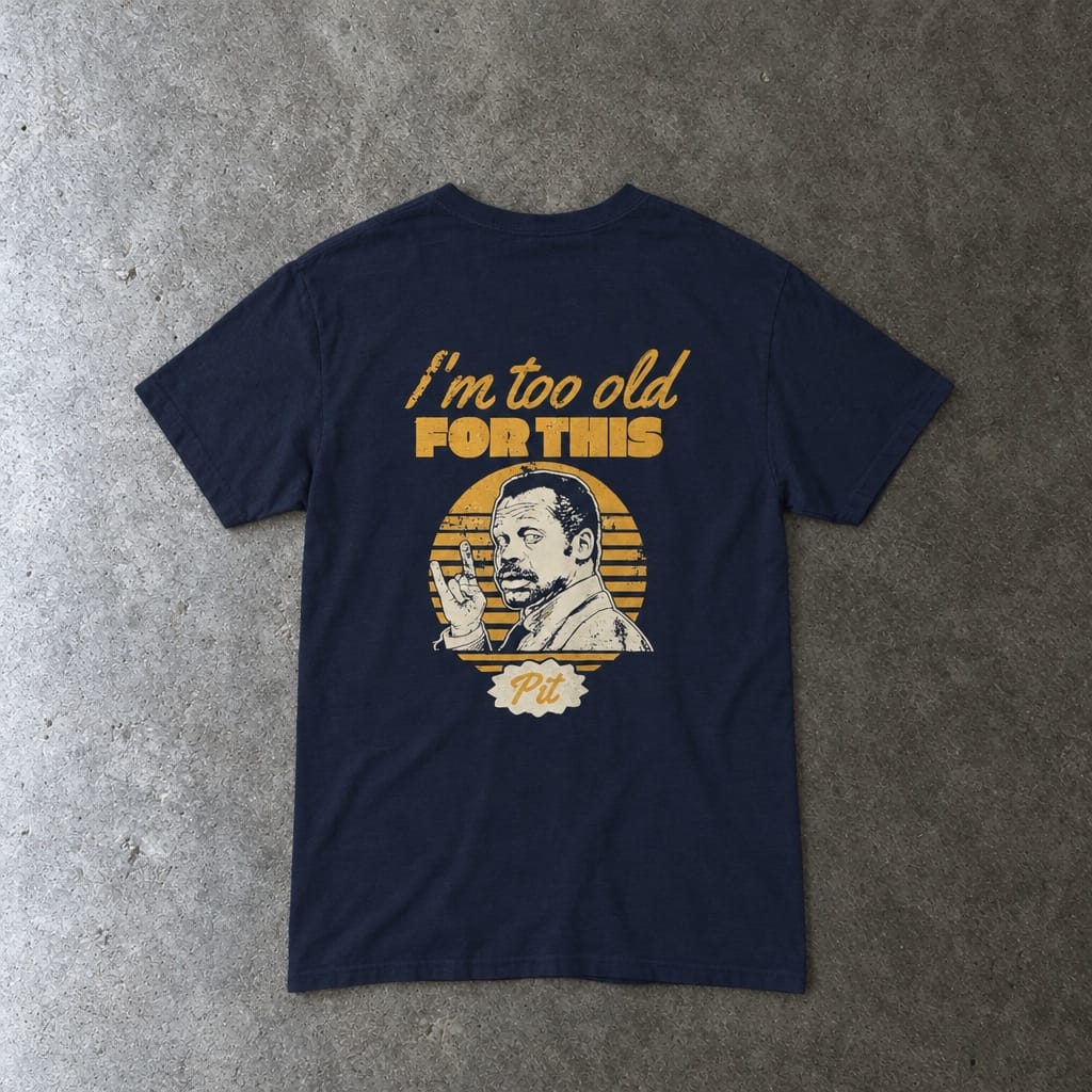 I'm Too Old For This Pit Danny Tee in navy, laid flat, back view