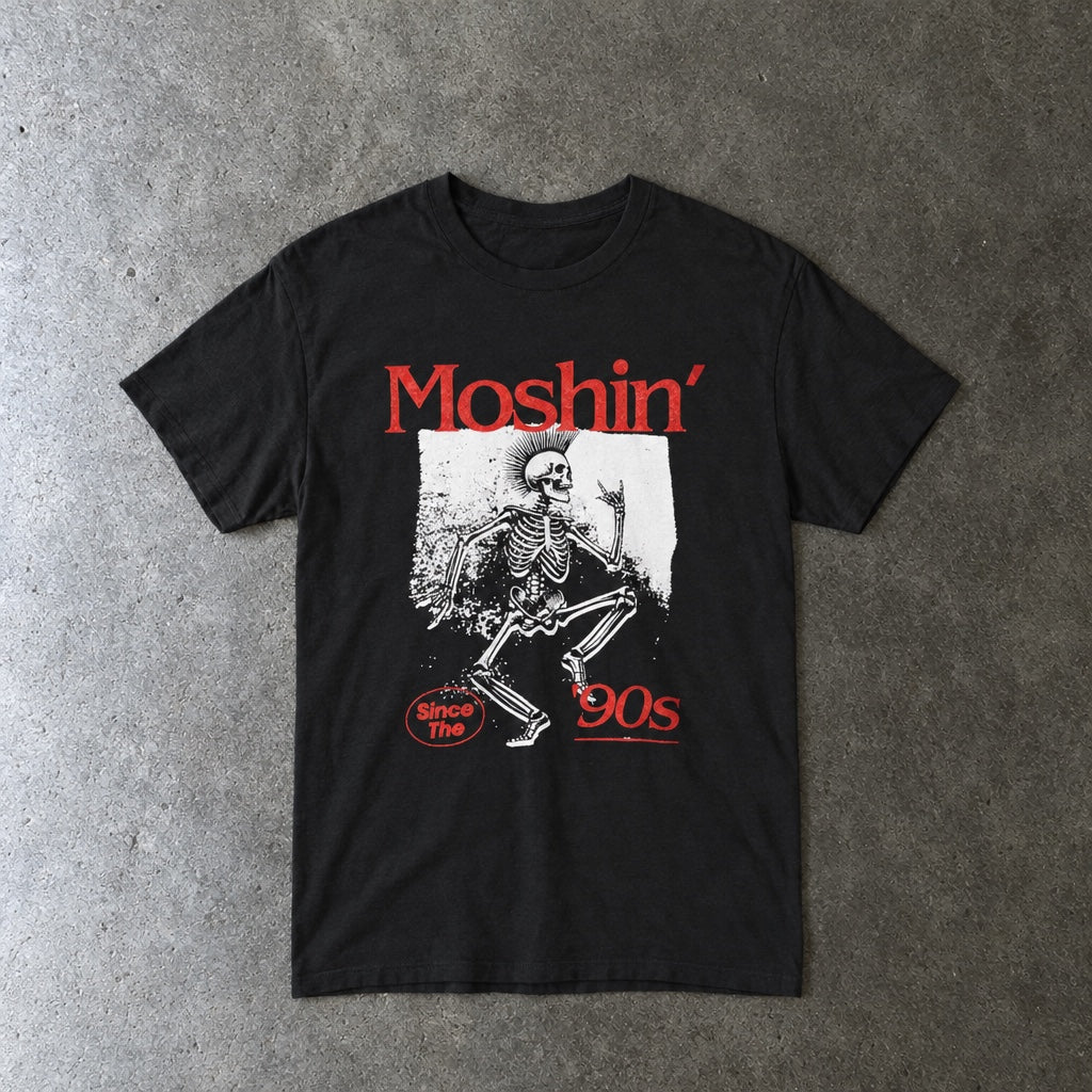 Moshin' Since the 90s Tee toddler tee in black, laid flat