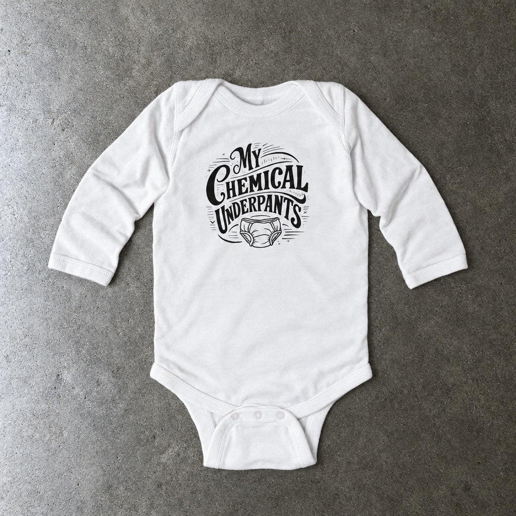 My Chemical Underpants long sleeve onesie in white, laid flat