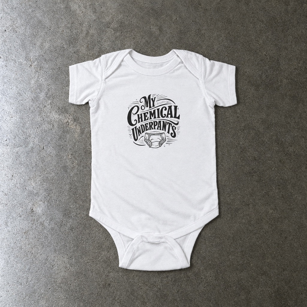 My Chemical Underpants onesie in white, laid flat
