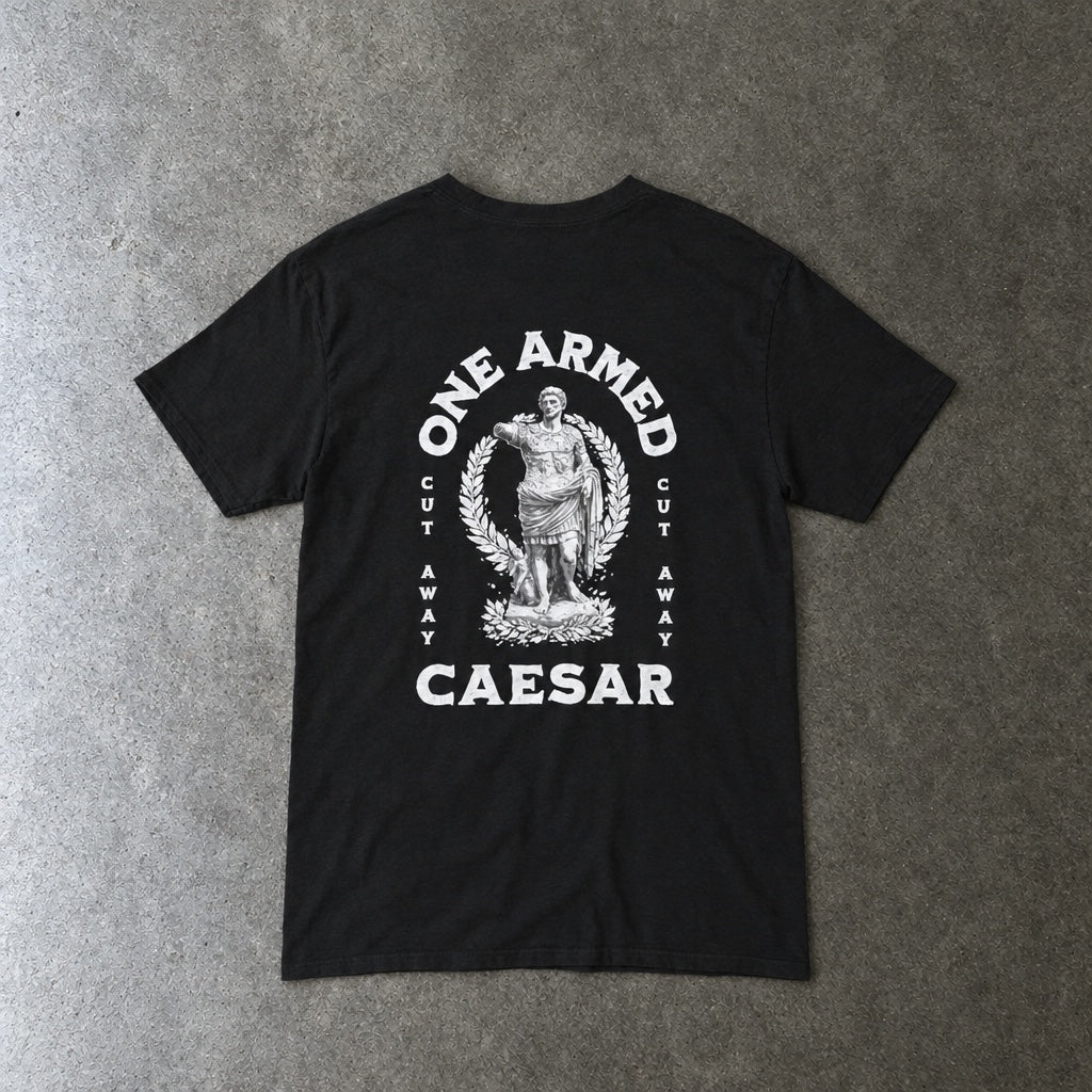 One Armed Caesar Tee toddler tee in black, laid flat, back view