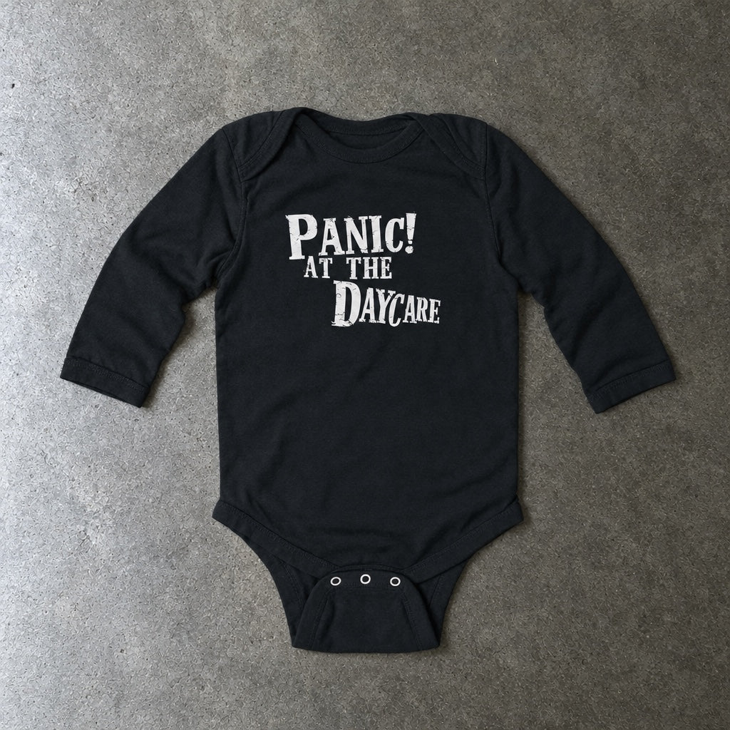 Panic! At The Daycare long sleeve onesie in black, laid flat