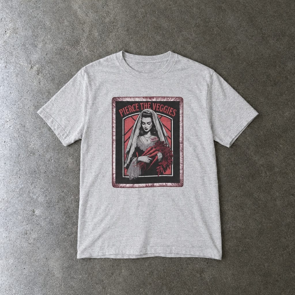 Pierce the Veggies youth tee in ash, laid flat