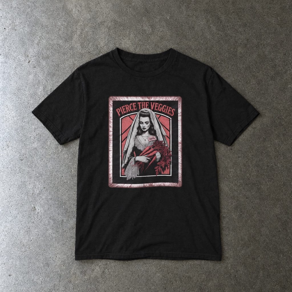 Pierce the Veggies youth tee in black, laid flat