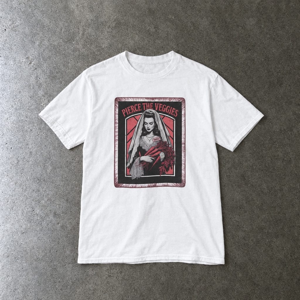 Pierce the Veggies youth tee in white, laid flat