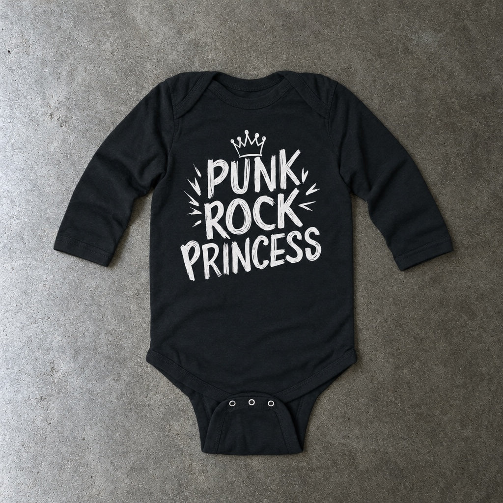 Punk Rock Princess long sleeve onesie in black, laid flat