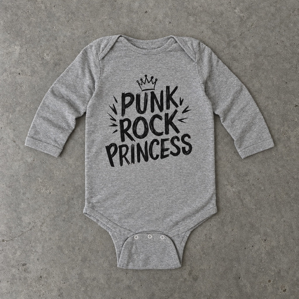 Punk Rock Princess long sleeve onesie in heather, laid flat