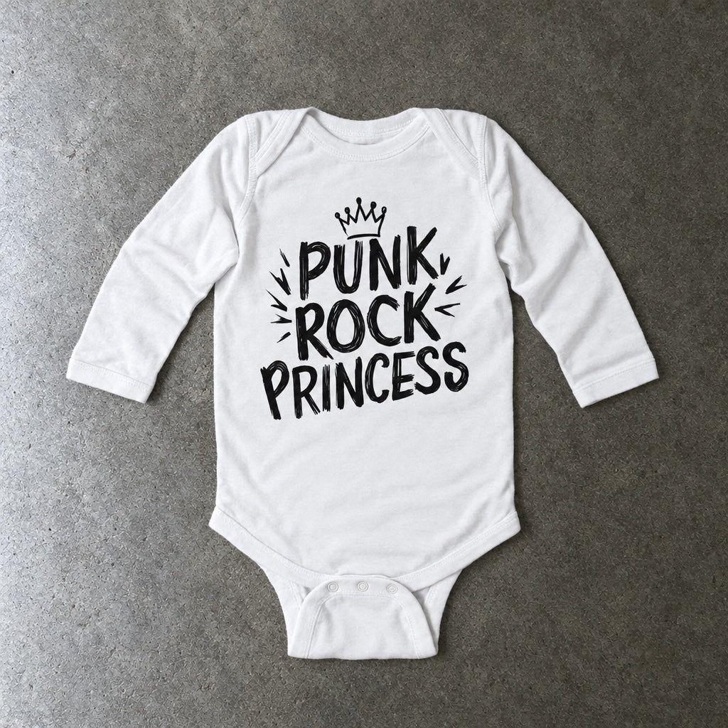Punk Rock Princess long sleeve onesie in white, laid flat