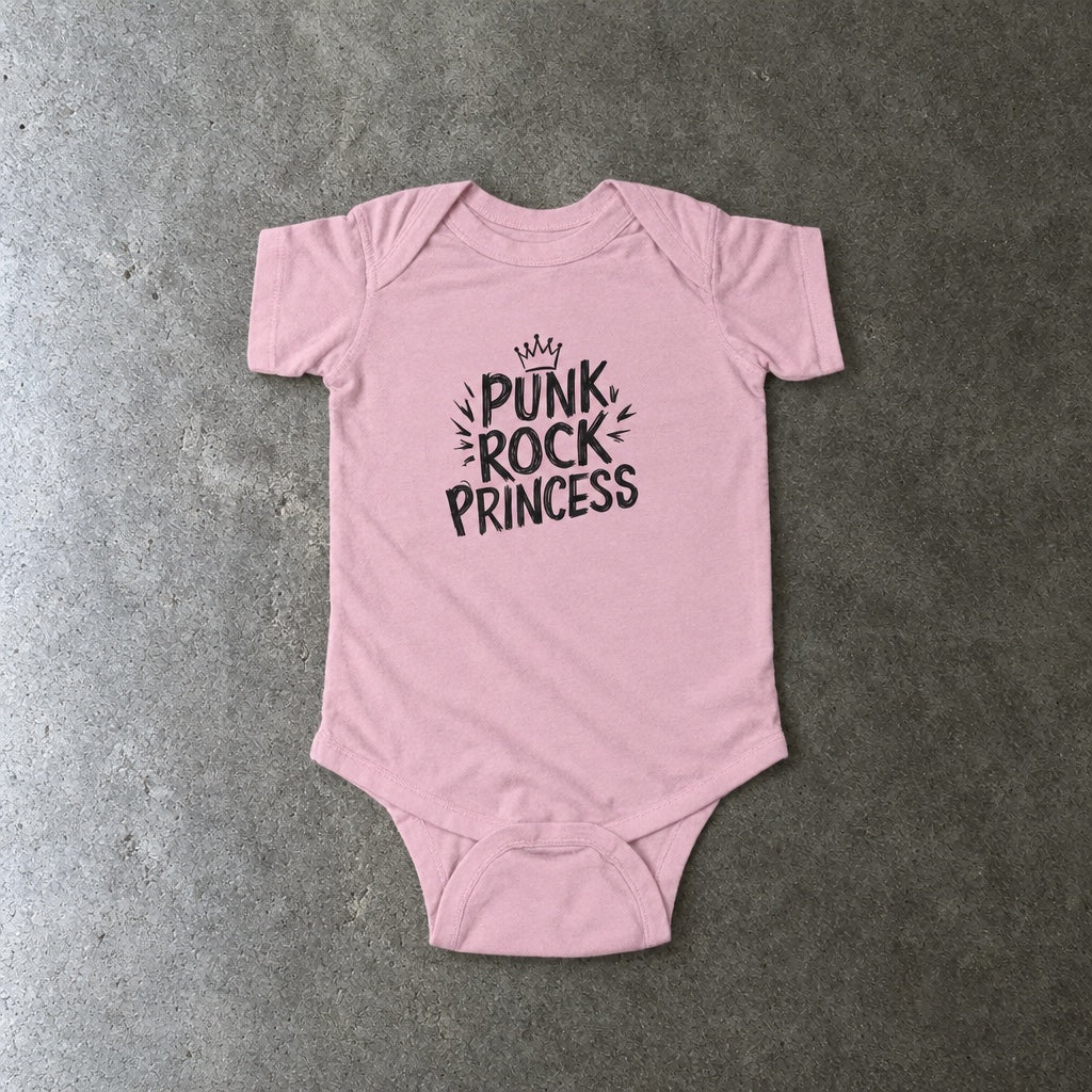 Punk Rock Princess onesie in pink, laid flat