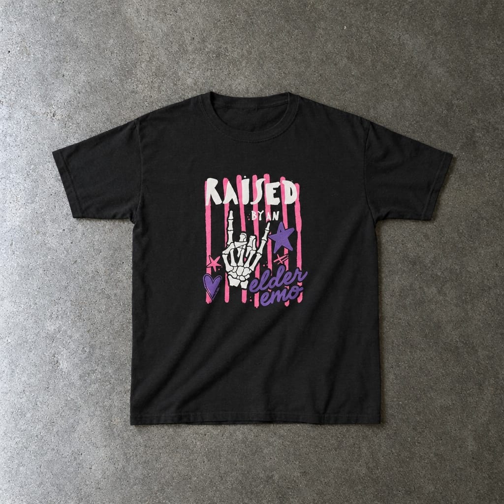 Raised by an Elder Emo 2.0 Youth Tee toddler tee in black, laid flat
