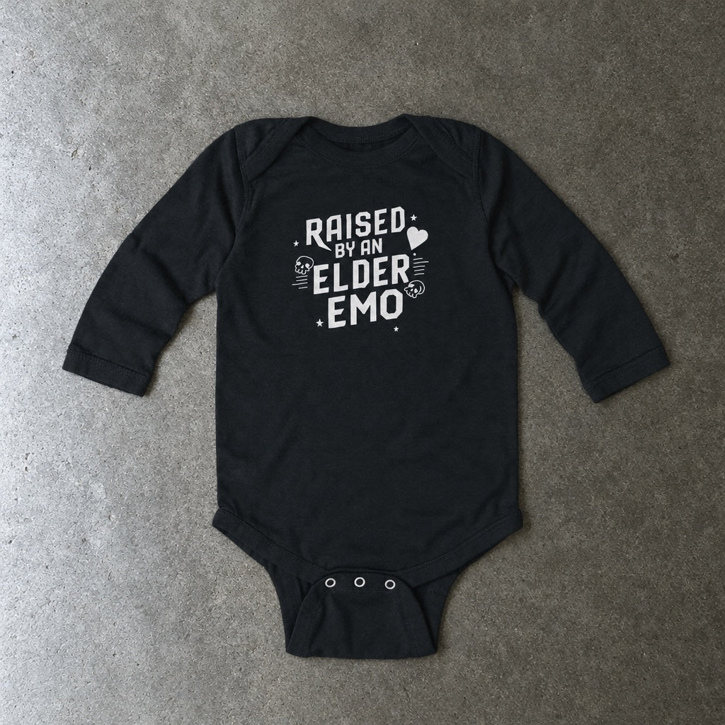Raised by an Elder Emo long sleeve onesie in black, laid flat