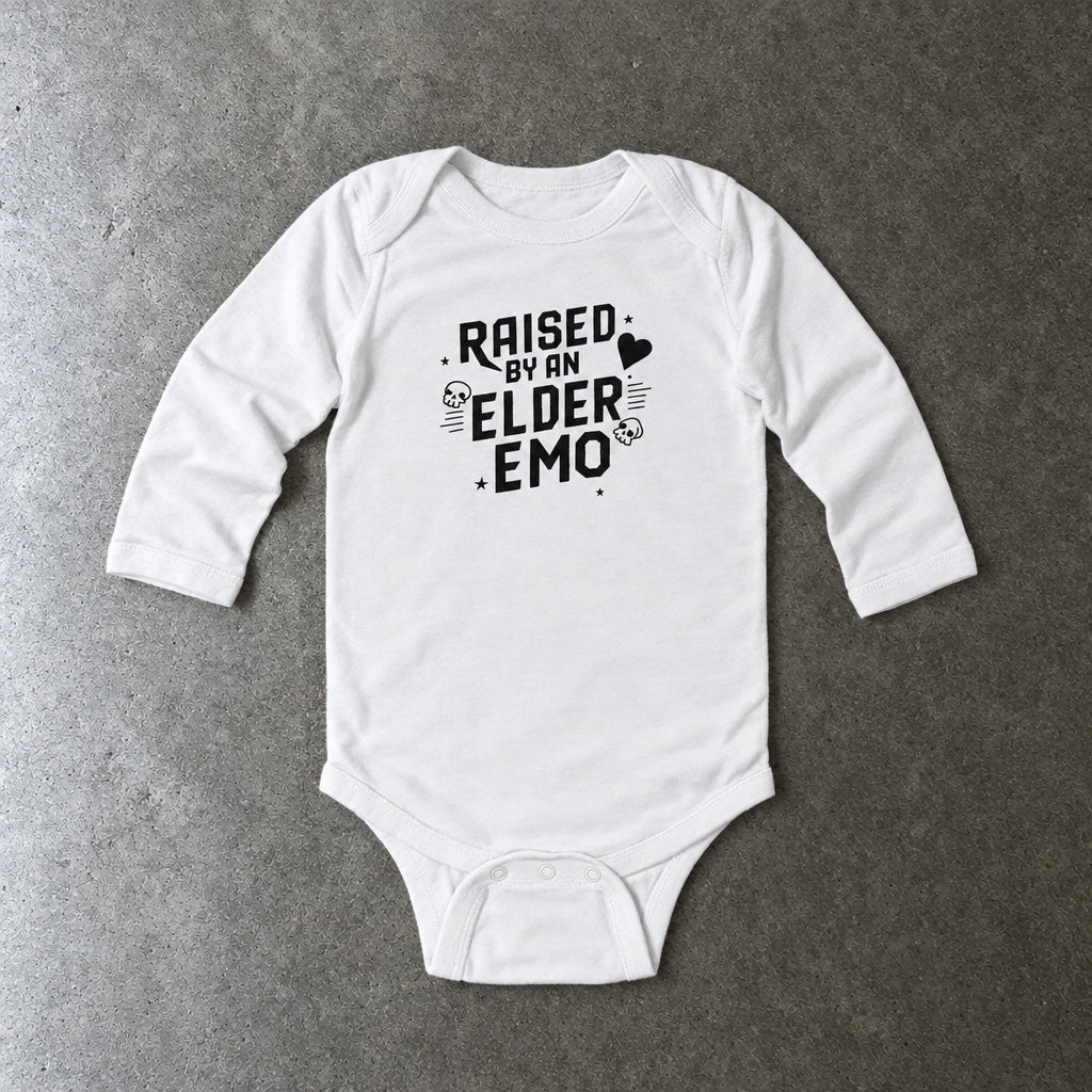Raised by an Elder Emo long sleeve onesie in white, laid flat