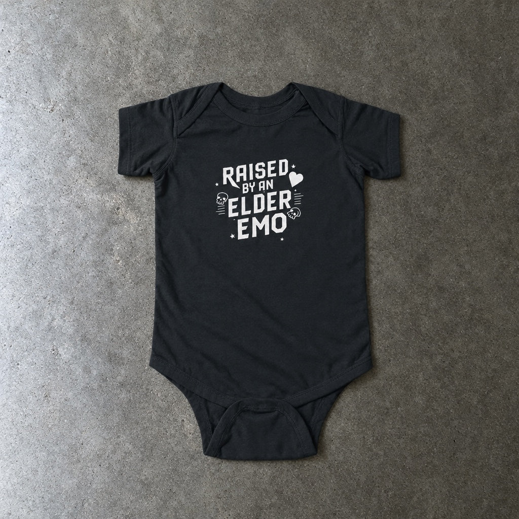 Raised by an Elder Emo onesie in black, laid flat