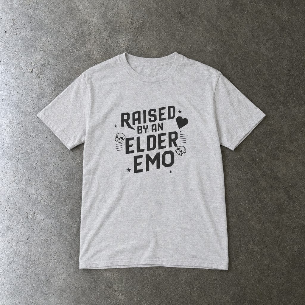 Raised by an Elder Emo youth tee in ash, laid flat