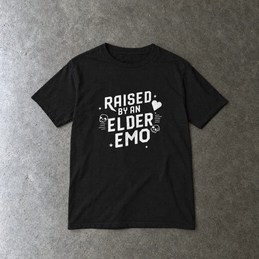 Raised by an Elder Emo youth tee in black, laid flat