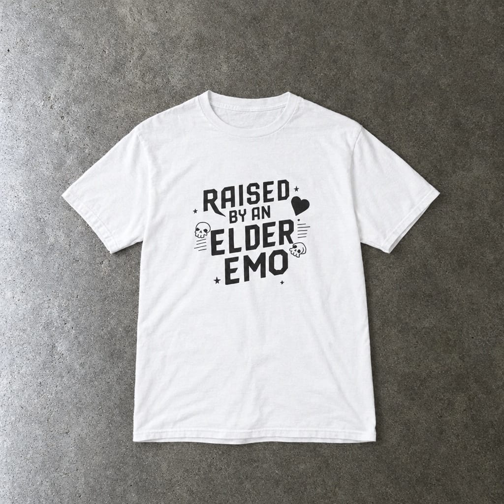 Raised by an Elder Emo youth tee in white, laid flat