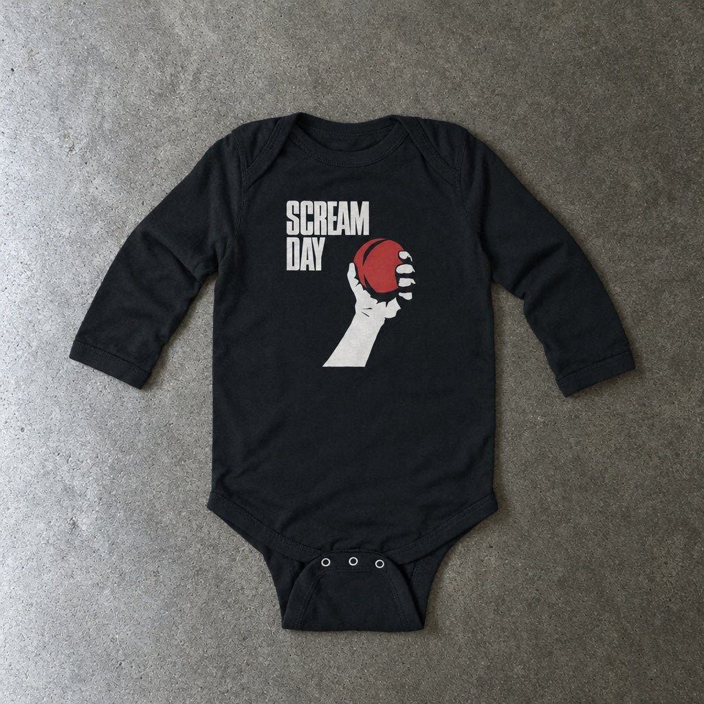 Scream Day long sleeve onesie in black, laid flat