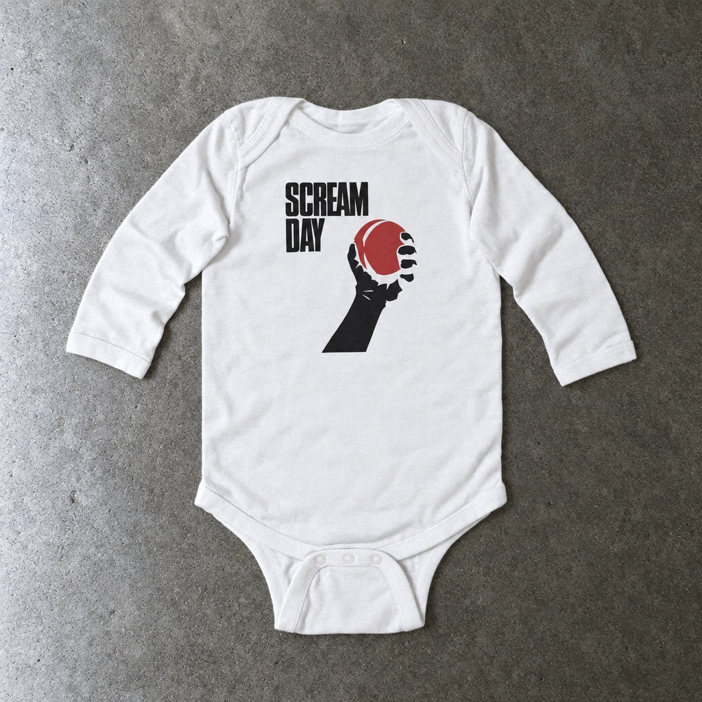 Scream Day long sleeve onesie in white, laid flat