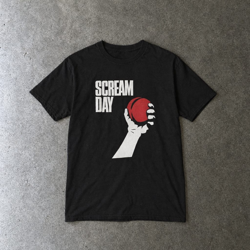 Scream Day youth tee in black, laid flat