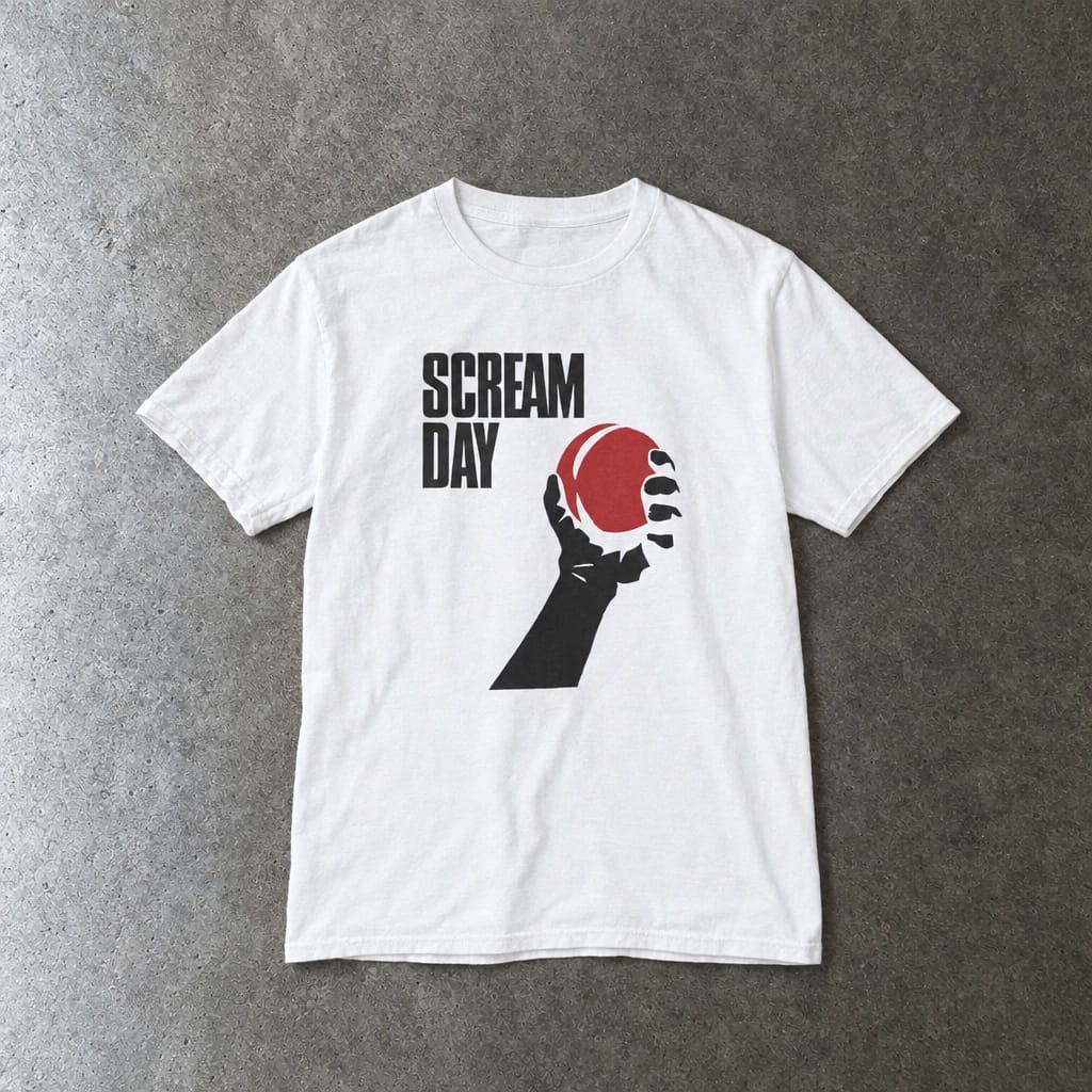 Scream Day youth tee in white, laid flat