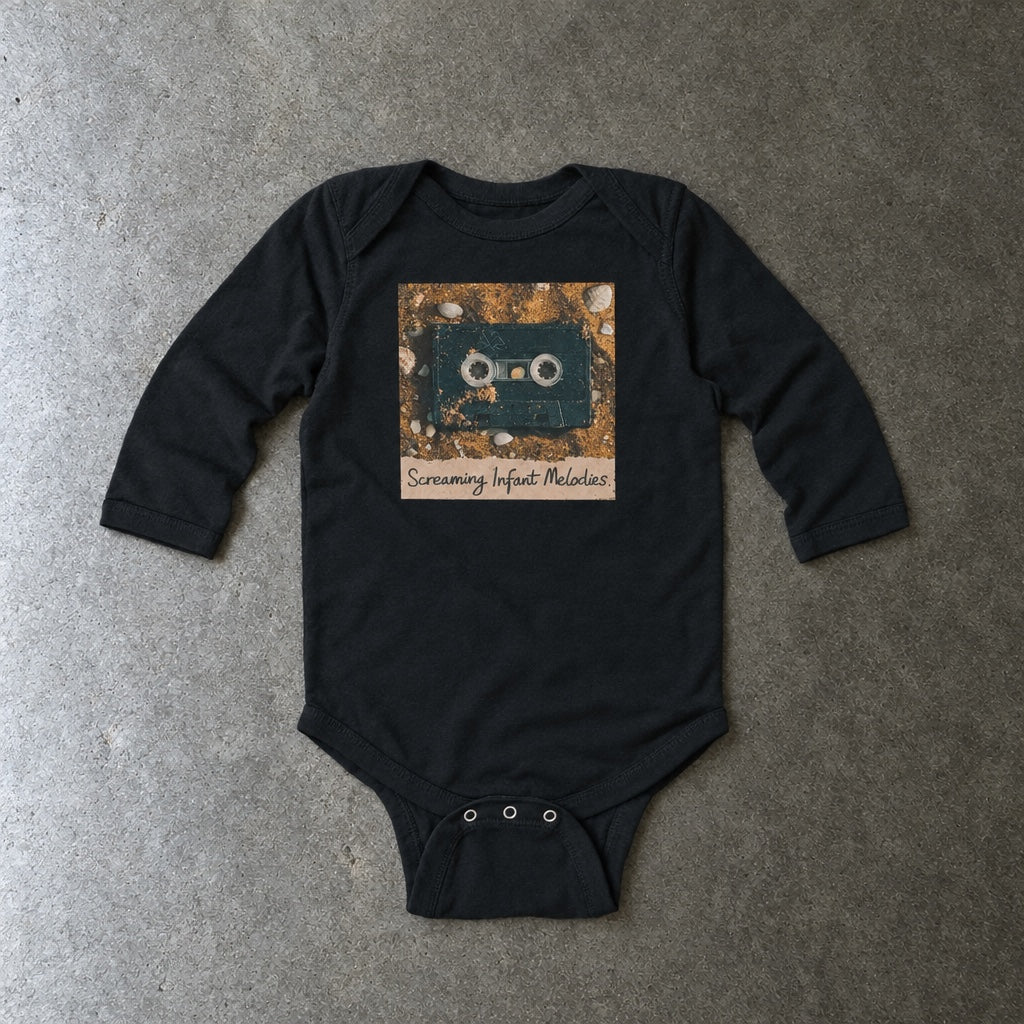 Screaming Infant Melodies long sleeve onesie in black, laid flat
