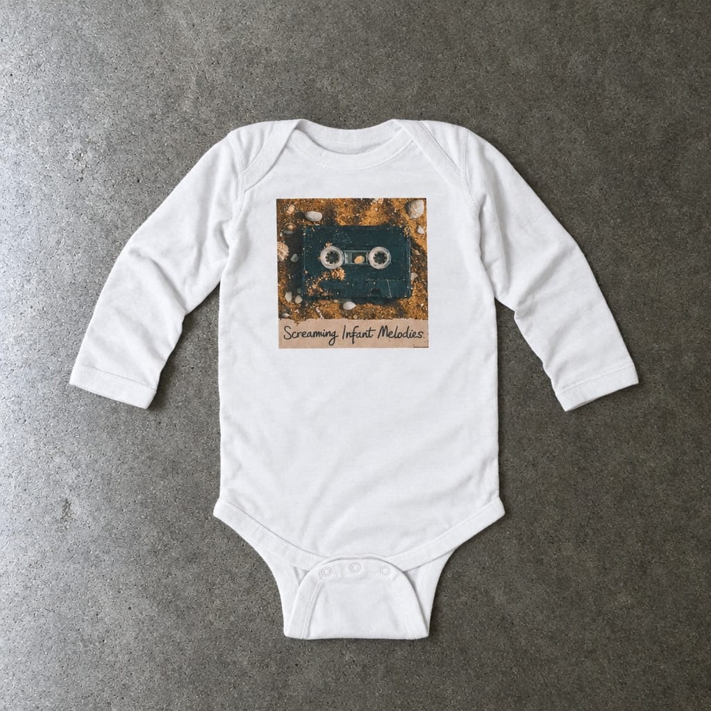 Screaming Infant Melodies long sleeve onesie in white, laid flat