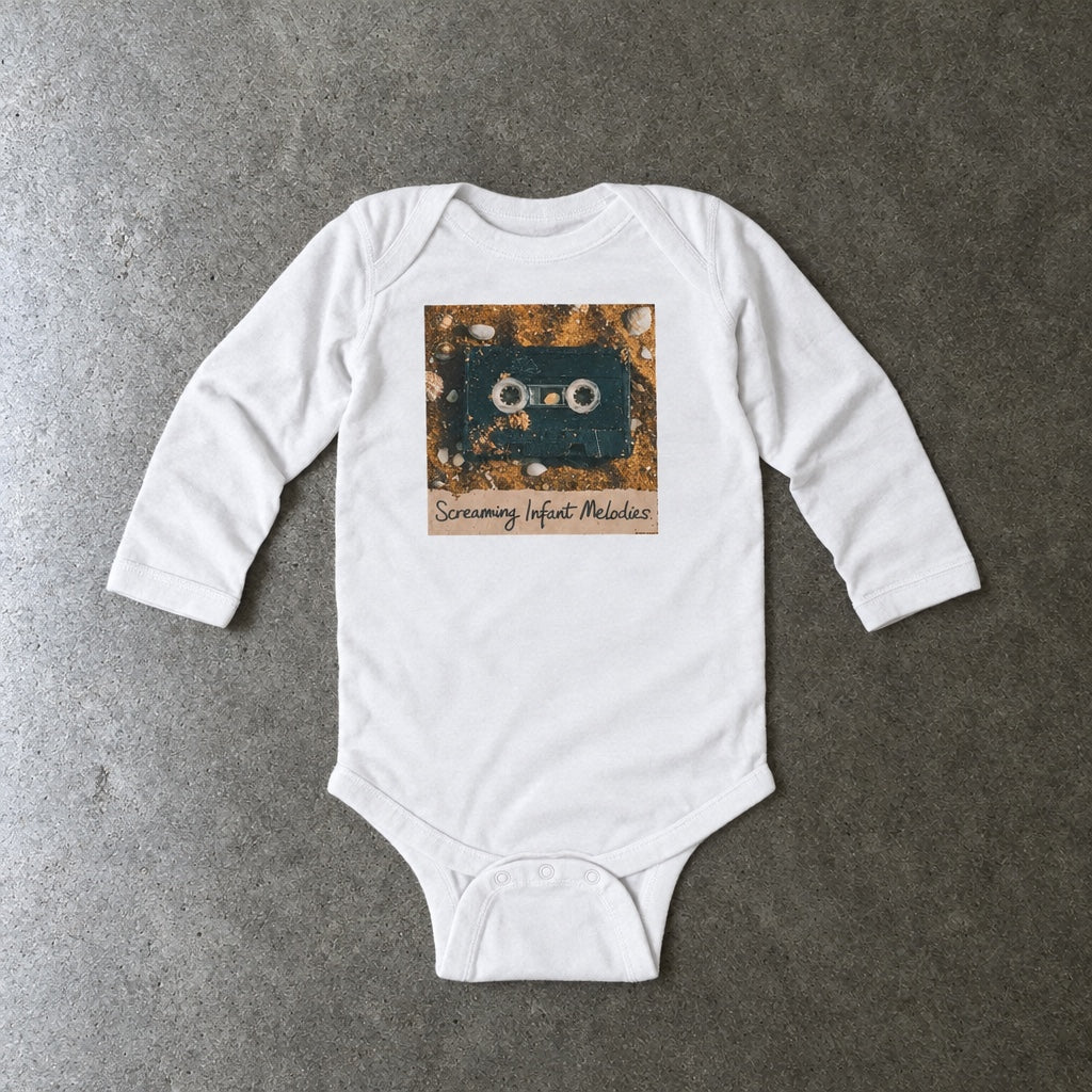 Screaming Infant Melodies long sleeve onesie in white, laid flat