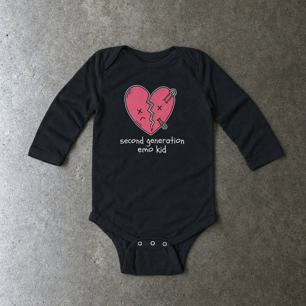 Second Generation Emo Kid 2.0 Long Sleeve Bodysuit toddler tee in black, laid flat