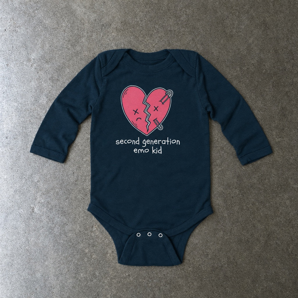 Second Generation Emo Kid 2.0 Long Sleeve Bodysuit toddler tee in navy, laid flat