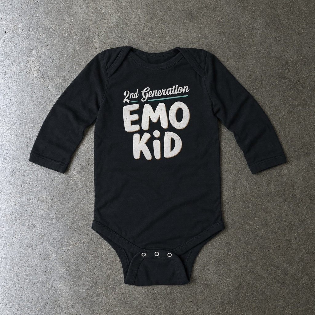Second Generation Emo Kid long sleeve onesie in black, laid flat