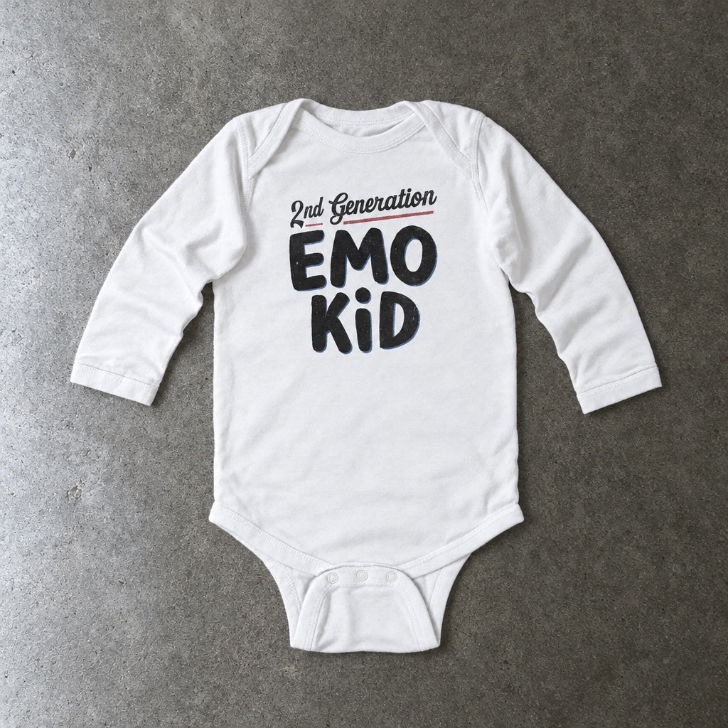 Second Generation Emo Kid long sleeve onesie in white, laid flat