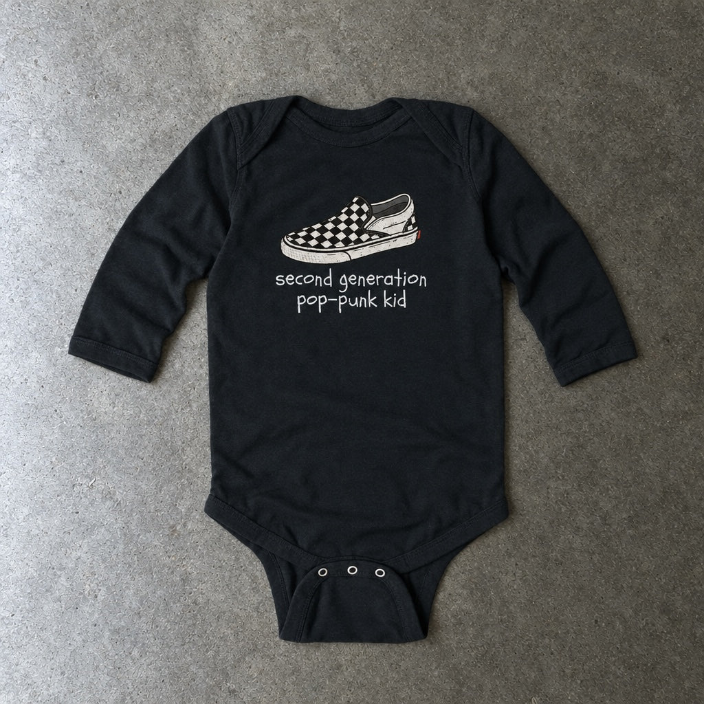 Second Generation Pop-punk Kid 2.0 Long Sleeve Bodysuit toddler tee in black, laid flat