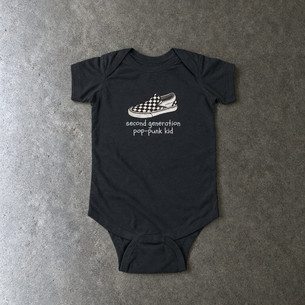 Second Generation Pop-punk Kid 2.0 Onesie in black, laid flat