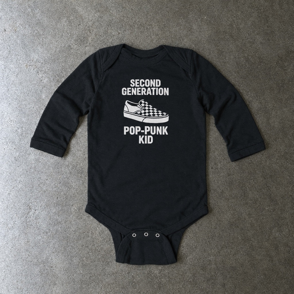 Second Generation Pop-punk Kid long sleeve onesie in black, laid flat