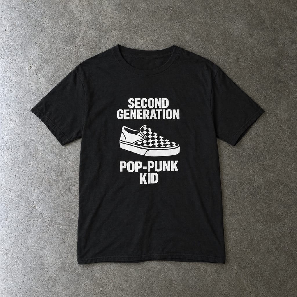 Second Generation Pop-Punk Kid youth tee in black, laid flat