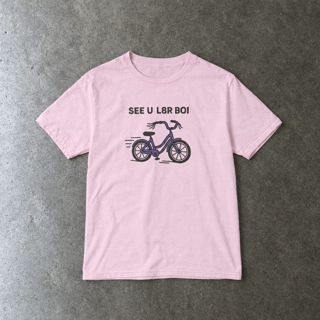 SEE U L8R BOI youth tee in light pink, laid flat
