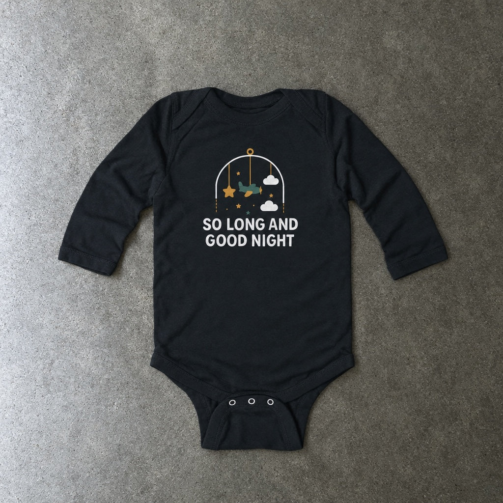 So Long and Good Night Long Sleeve Onesie long sleeve onesie in black, laid flat